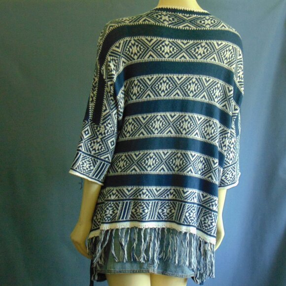 Velvet by Graham & Spencer Navy White Cotton Linen Fringed Open Kimono Jacket M - Picture 7 of 9